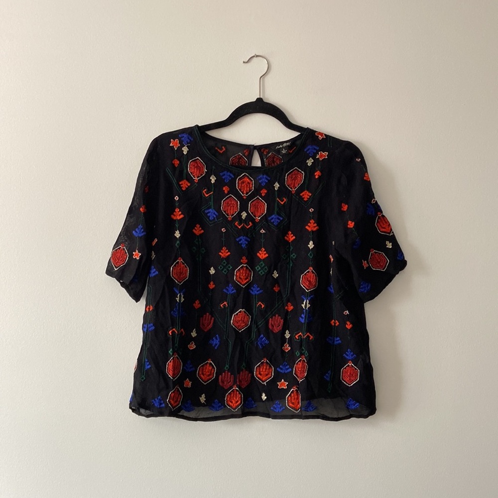 Cute Lucky Brand Boho Embroidered Multicolour Blouse Short Sleeve Top Size Large